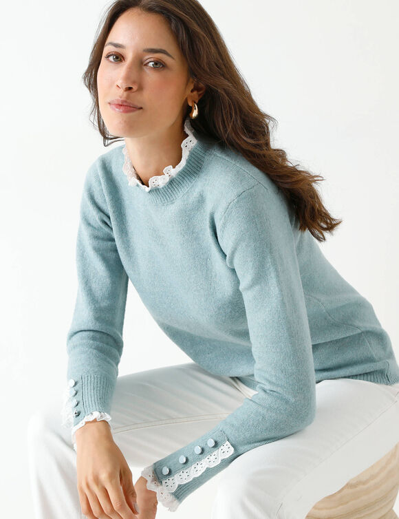 Pull effet 2-en-1, détails broderie anglaise (bleu acier) Pull effet 2-en-1, détails broderie anglaise (bleu acier)
